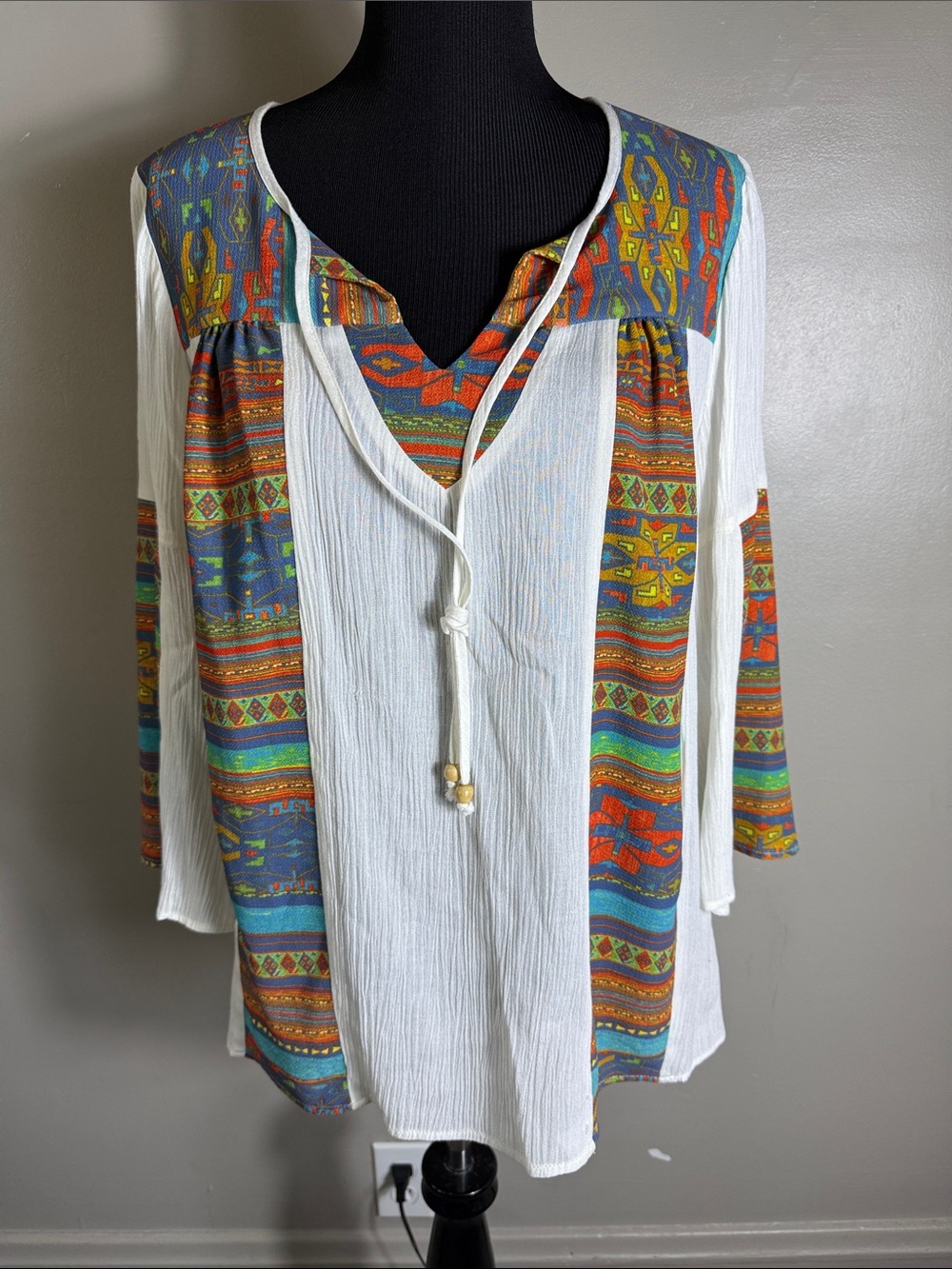 Olive Hill Bohemian White Tunic Top Multicolor Panels Tie V-Neck 3/4 Wide Sleeve